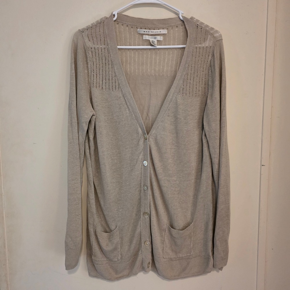 Max Studio Womens Cardigan Sweater Size L Beige 100% Linen Pointelle Knit Pocket